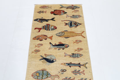 66 x 178 cm | Fish Runner Design Hand Knotted Veg Dye Wool Afghan Carpet