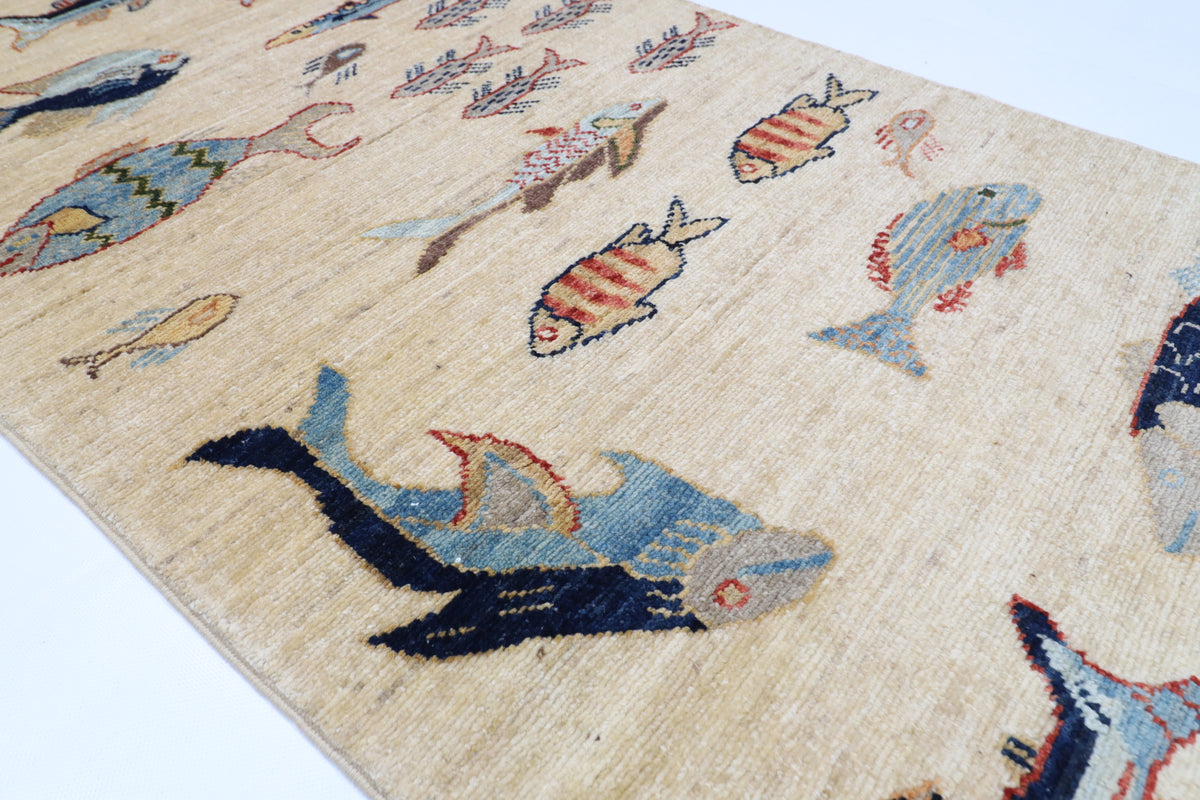 66 x 178 cm | Fish Runner Design Hand Knotted Veg Dye Wool Afghan Carpet