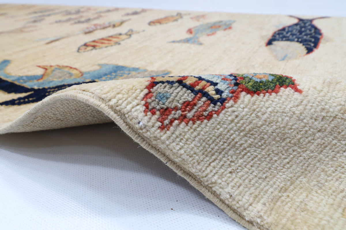 66 x 178 cm | Fish Runner Design Hand Knotted Veg Dye Wool Afghan Carpet