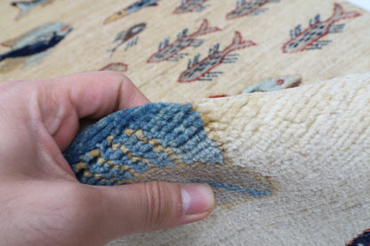 66 x 178 cm | Fish Runner Design Hand Knotted Veg Dye Wool Afghan Carpet
