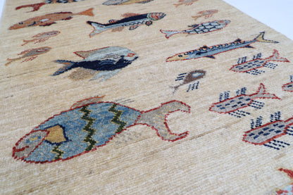 66 x 178 cm | Fish Runner Design Hand Knotted Veg Dye Wool Afghan Carpet