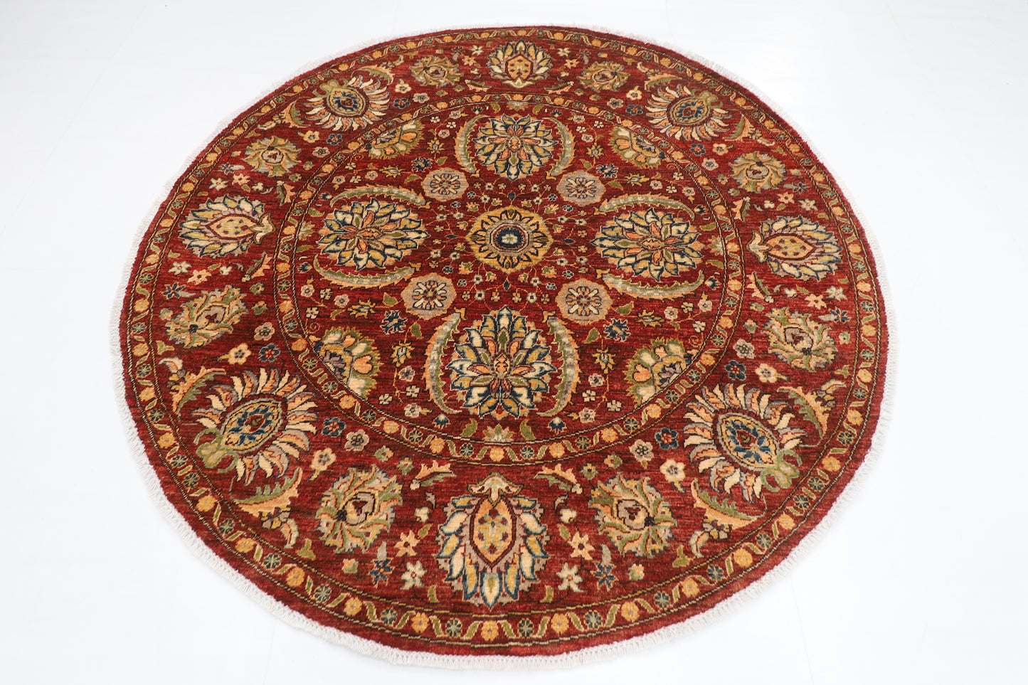 197 x 198 cm | Suzani Red Oriental Round Rug Afghan Hand Knotted Veg Dye Wool carpet