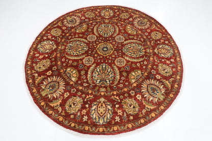 197 x 198 cm | Suzani Red Oriental Round Rug Afghan Hand Knotted Veg Dye Wool carpet