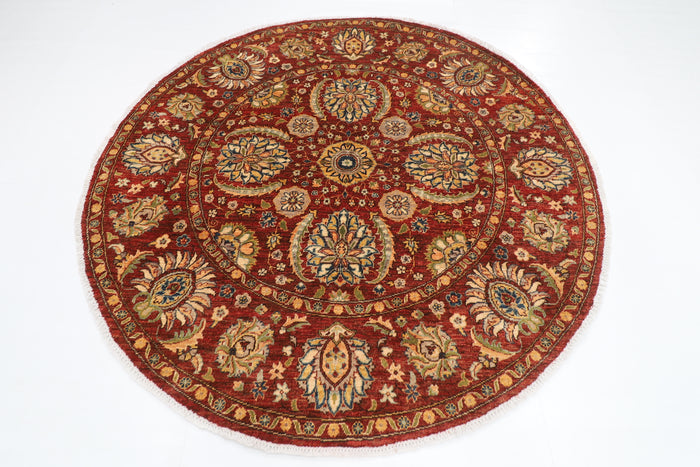 197 x 198 cm | Suzani Red Oriental Round Rug Afghan Hand Knotted Veg Dye Wool carpet