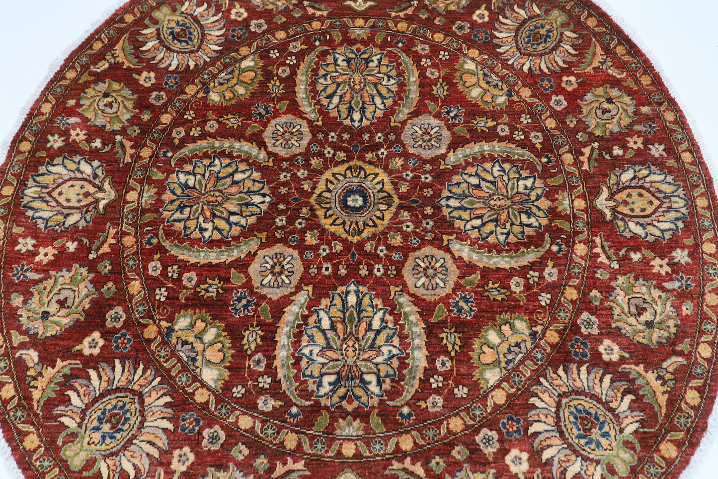 197 x 198 cm | Suzani Red Oriental Round Rug Afghan Hand Knotted Veg Dye Wool carpet