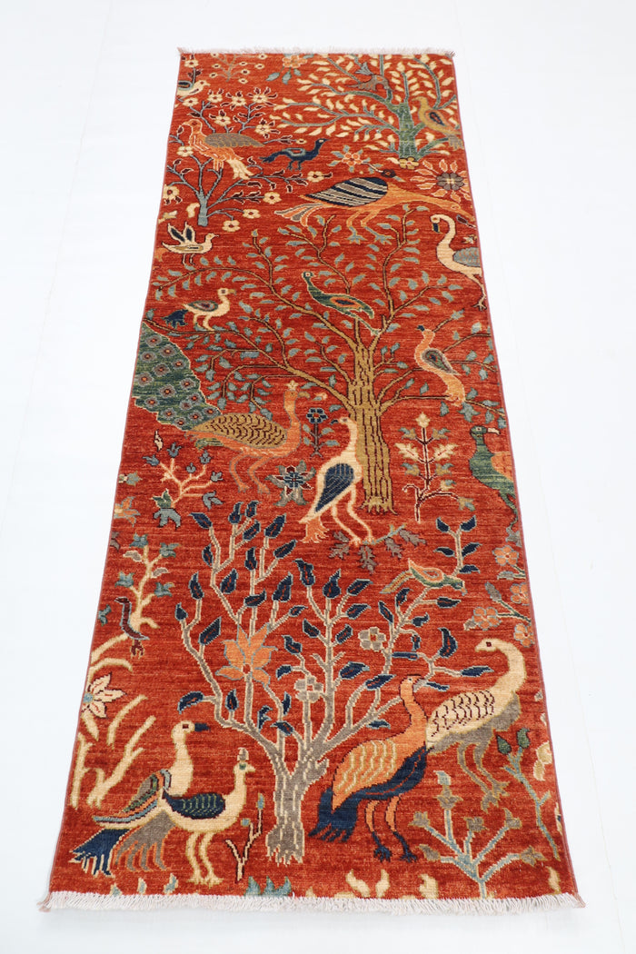 75 x 197 cm | Birds Runner Design Hand Knotted Veg Dye Wool Afghan Carpet