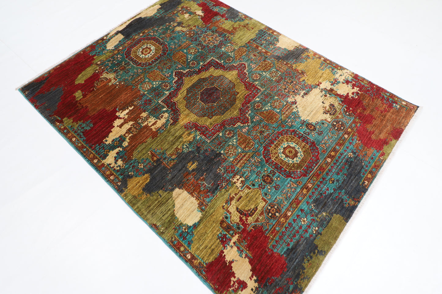 151 x 194 cm | Mamluk Abstract Oriental Area Rug Afghan Hand Knotted Veg Dye Wool carpet