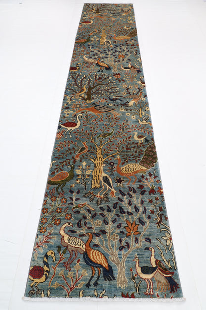 84 x 399 cm | Birds Runner Design Hand Knotted Veg Dye Wool Afghan Carpet