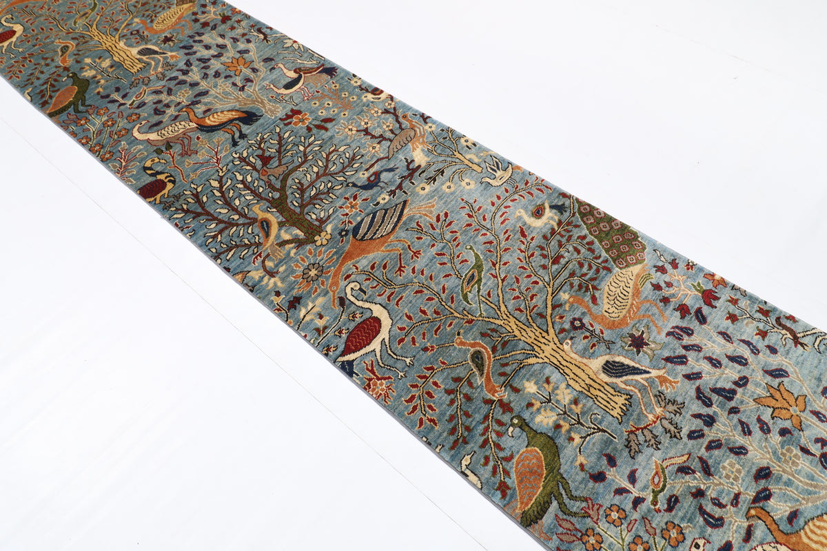 84 x 399 cm | Birds Runner Design Hand Knotted Veg Dye Wool Afghan Carpet