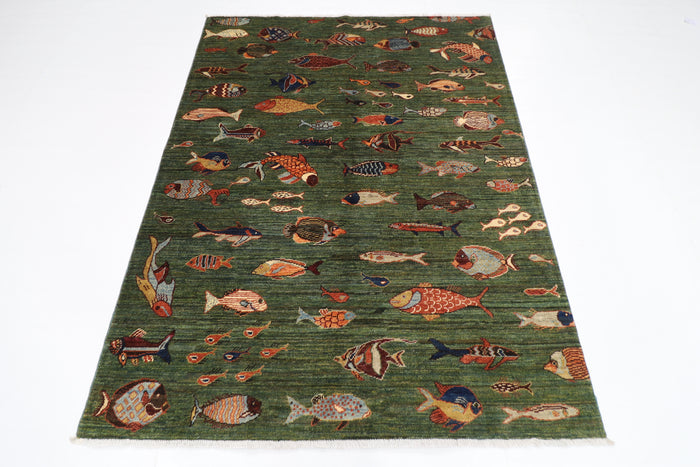 154 x 201 cm | Fish Green Oriental Area Rug Afghan Hand Knotted Veg Dye Wool carpet