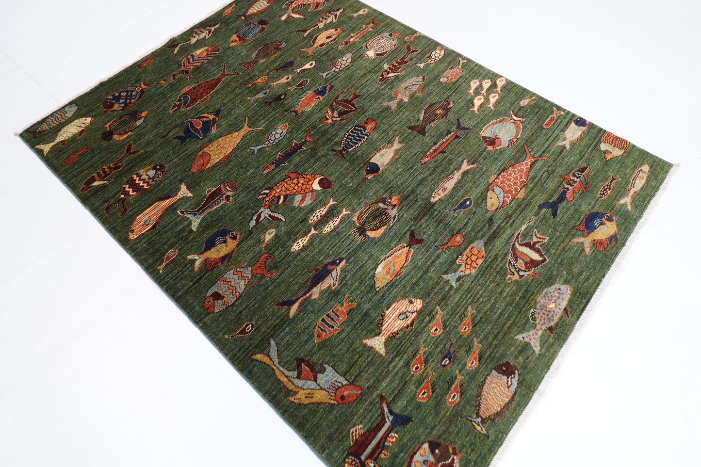 154 x 201 cm | Fish Green Oriental Area Rug Afghan Hand Knotted Veg Dye Wool carpet