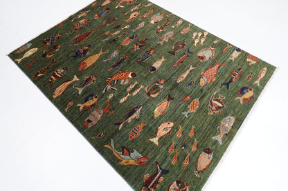 154 x 201 cm | Fish Green Oriental Area Rug Afghan Hand Knotted Veg Dye Wool carpet