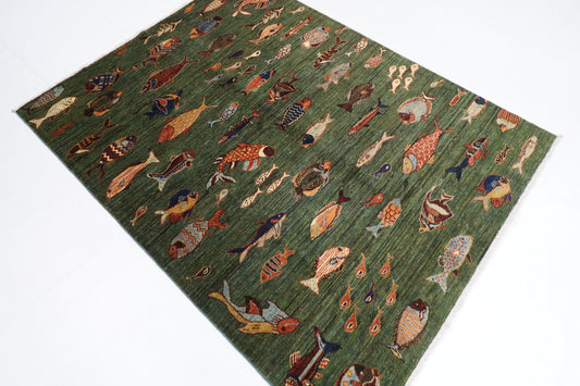 154 x 201 cm | Fish Green Oriental Area Rug Afghan Hand Knotted Veg Dye Wool carpet