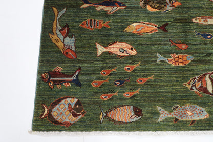 154 x 201 cm | Fish Green Oriental Area Rug Afghan Hand Knotted Veg Dye Wool carpet