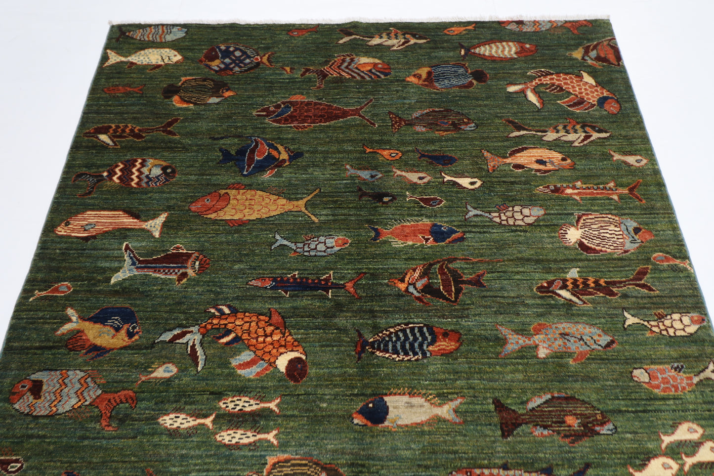 154 x 201 cm | Fish Green Oriental Area Rug Afghan Hand Knotted Veg Dye Wool carpet