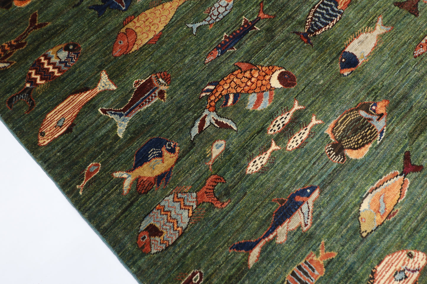 154 x 201 cm | Fish Green Oriental Area Rug Afghan Hand Knotted Veg Dye Wool carpet
