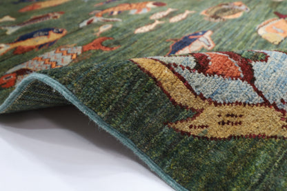 154 x 201 cm | Fish Green Oriental Area Rug Afghan Hand Knotted Veg Dye Wool carpet