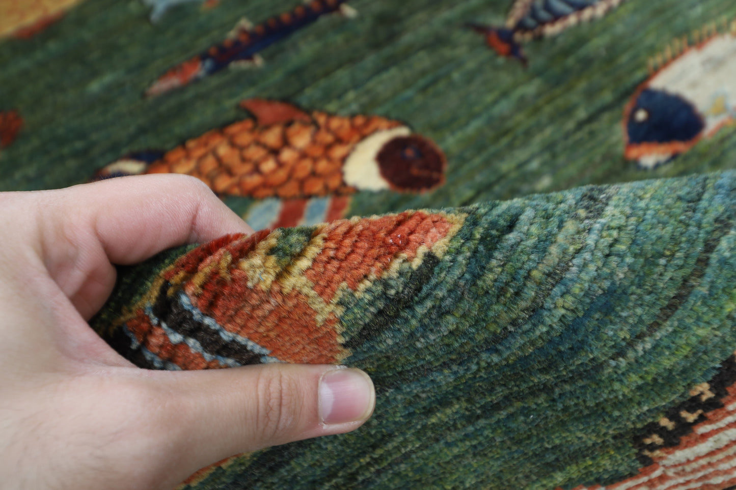 154 x 201 cm | Fish Green Oriental Area Rug Afghan Hand Knotted Veg Dye Wool carpet