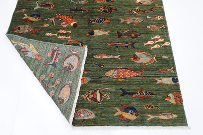 154 x 201 cm | Fish Green Oriental Area Rug Afghan Hand Knotted Veg Dye Wool carpet