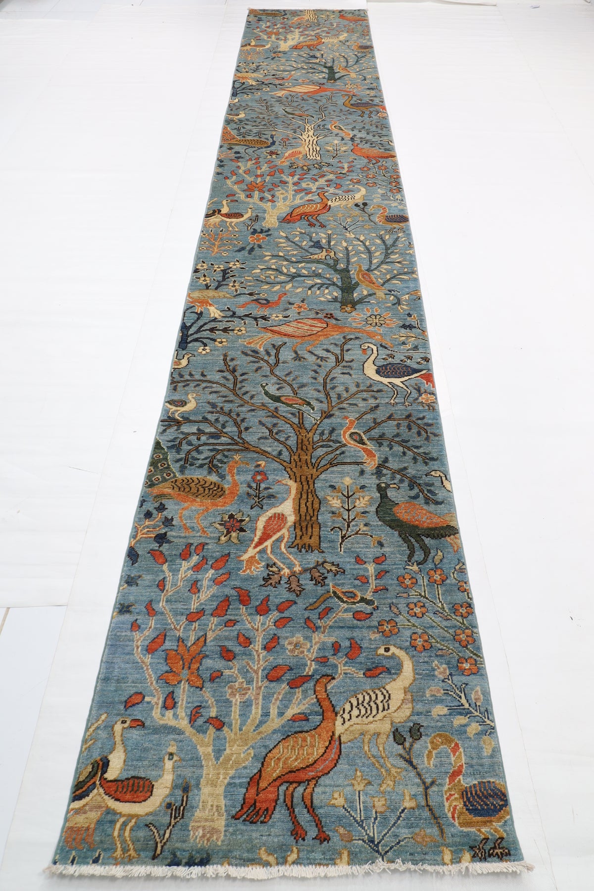 84 x 482 cm | Birds Runner Design Hand Knotted Veg Dye Wool Afghan Carpet