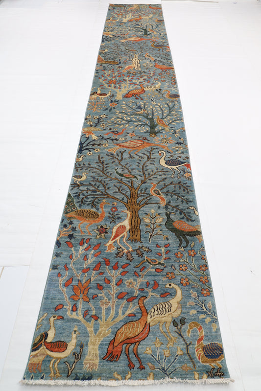 84 x 482 cm | Birds Runner Design Hand Knotted Veg Dye Wool Afghan Carpet