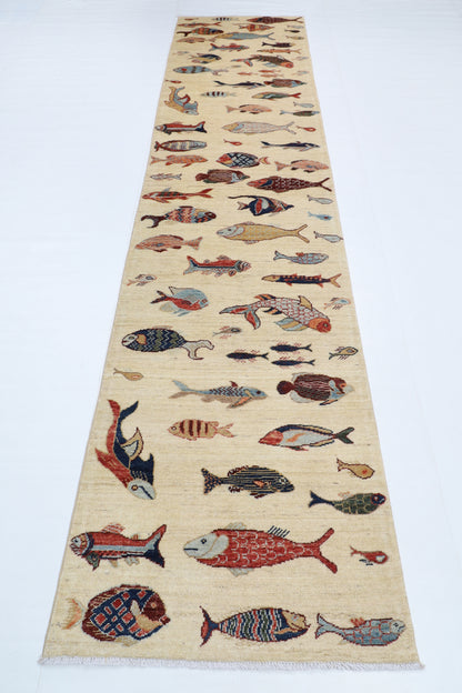 84 x 345 cm | Fish Runner Design Hand Knotted Veg Dye Wool Afghan Carpet