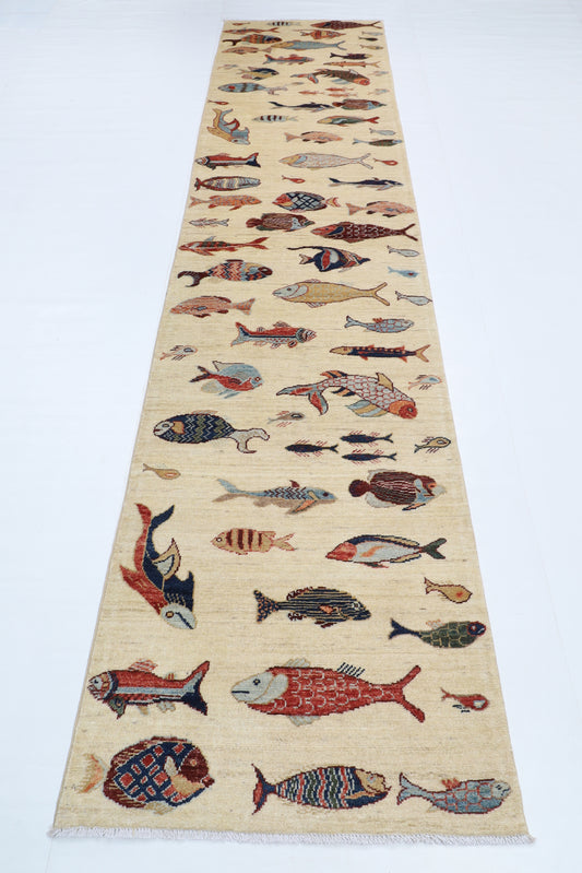84 x 345 cm | Fish Runner Design Hand Knotted Veg Dye Wool Afghan Carpet