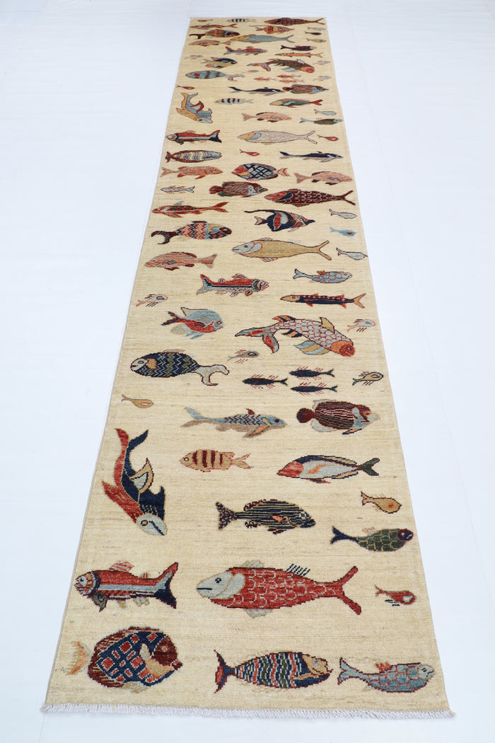 84 x 345 cm | Fish Runner Design Hand Knotted Veg Dye Wool Afghan Carpet