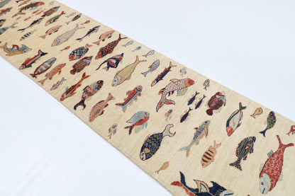 84 x 345 cm | Fish Runner Design Hand Knotted Veg Dye Wool Afghan Carpet