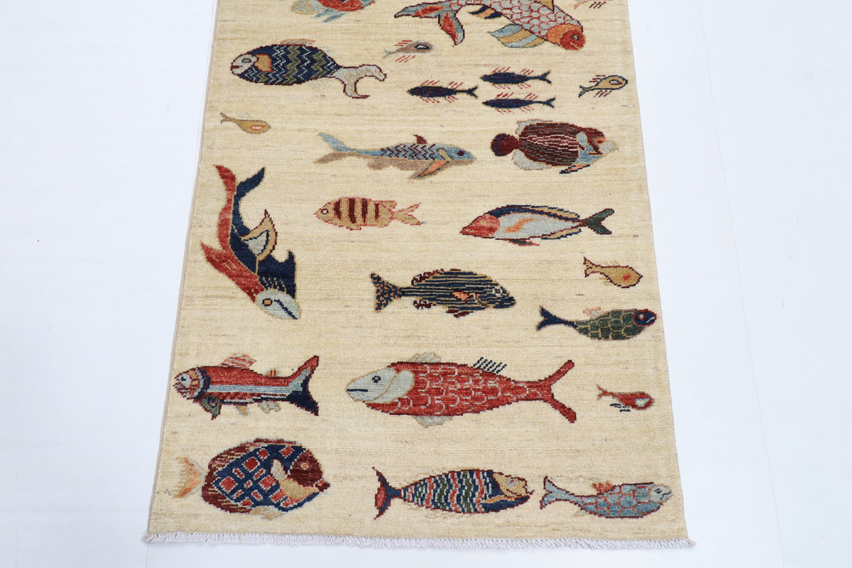 84 x 345 cm | Fish Runner Design Hand Knotted Veg Dye Wool Afghan Carpet