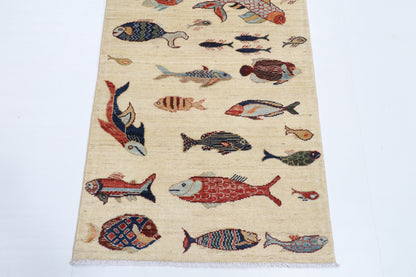 84 x 345 cm | Fish Runner Design Hand Knotted Veg Dye Wool Afghan Carpet