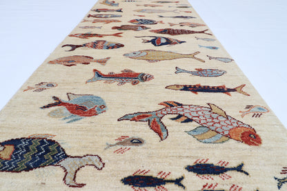 84 x 345 cm | Fish Runner Design Hand Knotted Veg Dye Wool Afghan Carpet