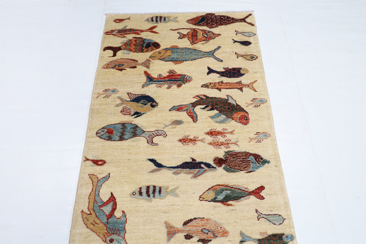84 x 345 cm | Fish Runner Design Hand Knotted Veg Dye Wool Afghan Carpet