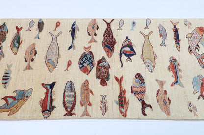 84 x 345 cm | Fish Runner Design Hand Knotted Veg Dye Wool Afghan Carpet