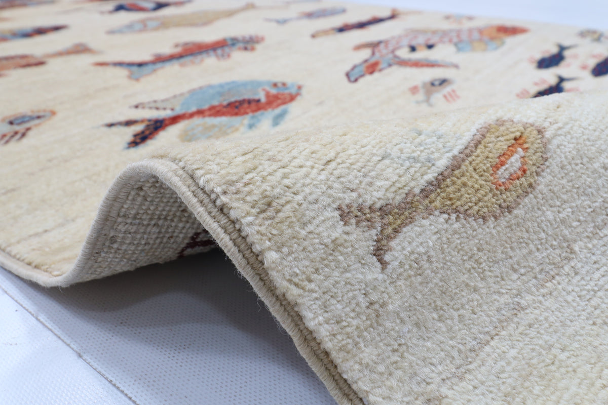 84 x 345 cm | Fish Runner Design Hand Knotted Veg Dye Wool Afghan Carpet