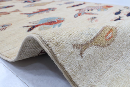 84 x 345 cm | Fish Runner Design Hand Knotted Veg Dye Wool Afghan Carpet