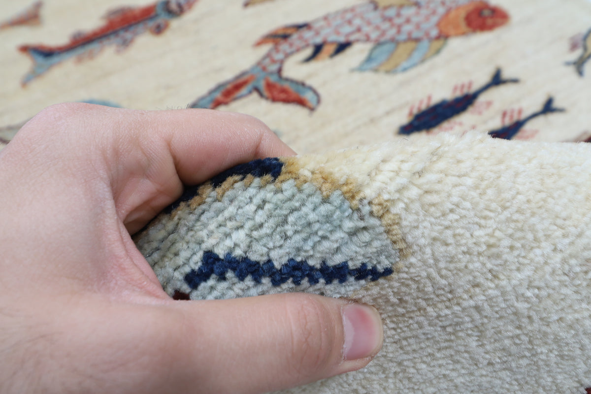 84 x 345 cm | Fish Runner Design Hand Knotted Veg Dye Wool Afghan Carpet