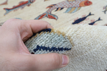 84 x 345 cm | Fish Runner Design Hand Knotted Veg Dye Wool Afghan Carpet