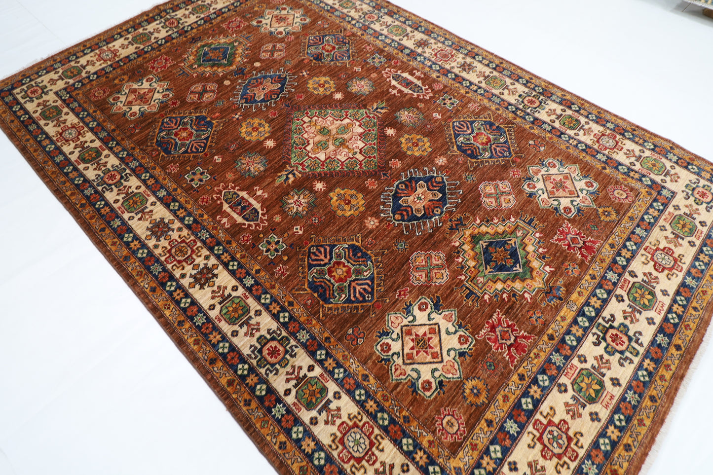 198 x 298 cm | Kazak Brown Oriental Area Rug Afghan Hand Knotted Veg Dye Wool carpet