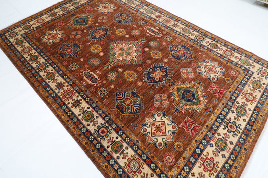 198 x 298 cm | Kazak Brown Oriental Area Rug Afghan Hand Knotted Veg Dye Wool carpet