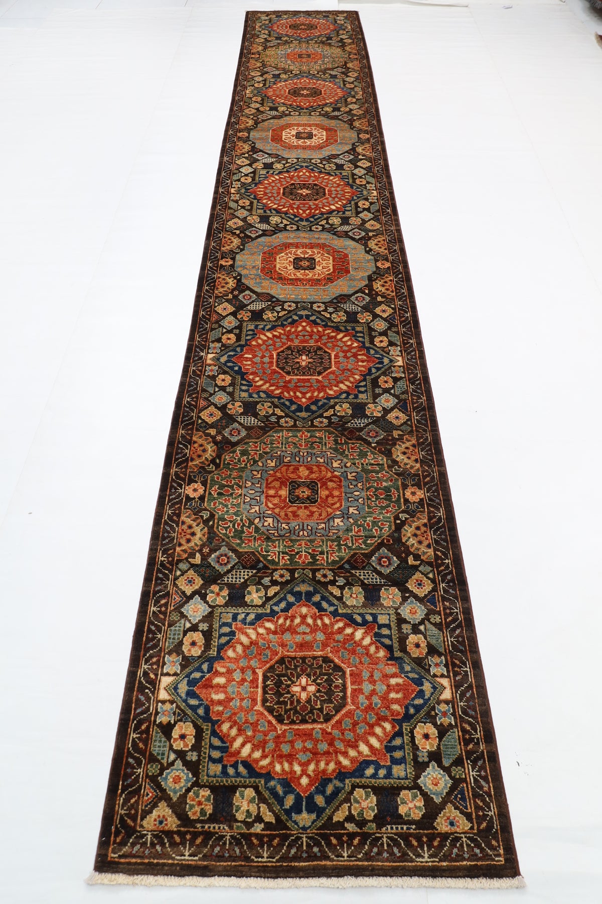 78 x 457 cm | Mamluk Runner Design Hand Knotted Veg Dye Wool Afghan Carpet