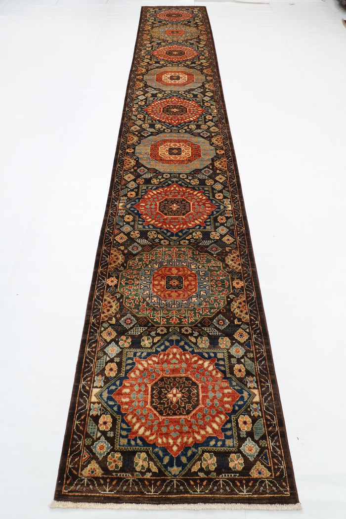 78 x 457 cm | Mamluk Runner Design Hand Knotted Veg Dye Wool Afghan Carpet