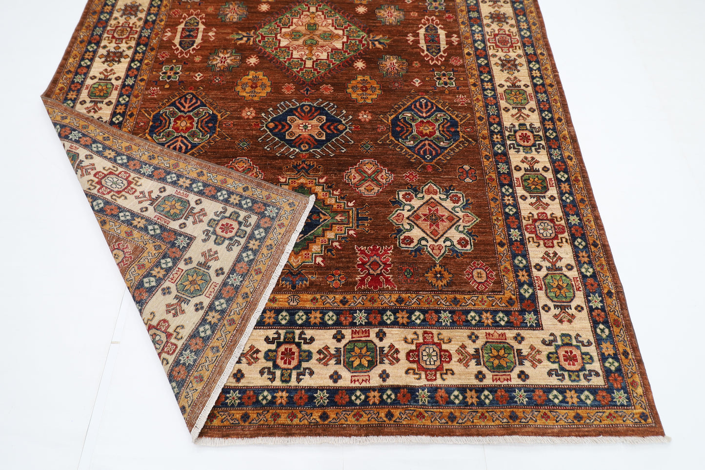 198 x 298 cm | Kazak Brown Oriental Area Rug Afghan Hand Knotted Veg Dye Wool carpet