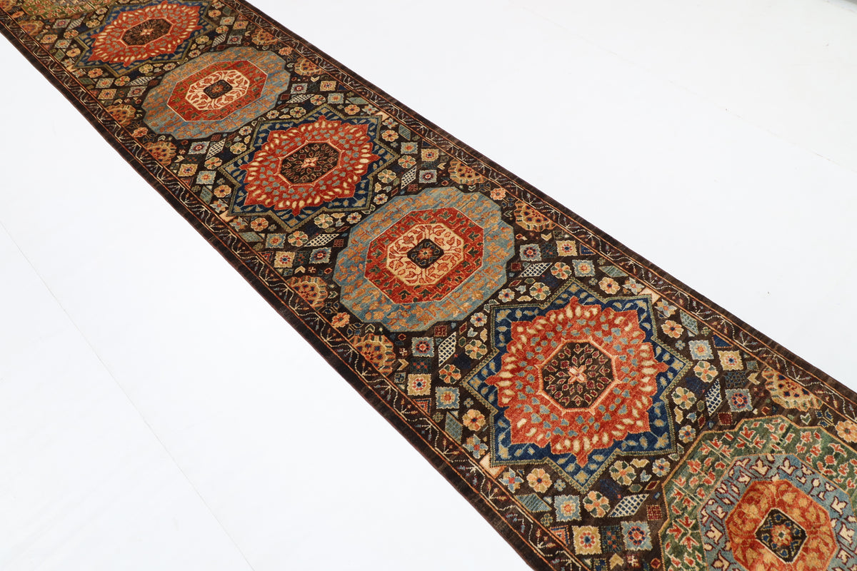 78 x 457 cm | Mamluk Runner Design Hand Knotted Veg Dye Wool Afghan Carpet