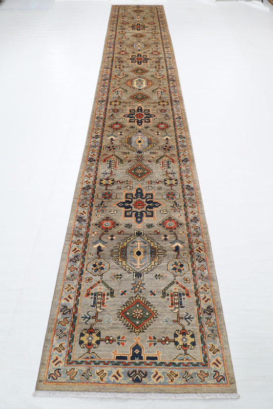 84 x 491 cm | Waziri Long Gray Runner Design Hand Knotted Wool Afghan Carpet
