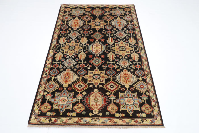 126 x 186 cm | Waziri Black Oriental Area Rug Afghan Hand Knotted Veg Dye Wool carpet