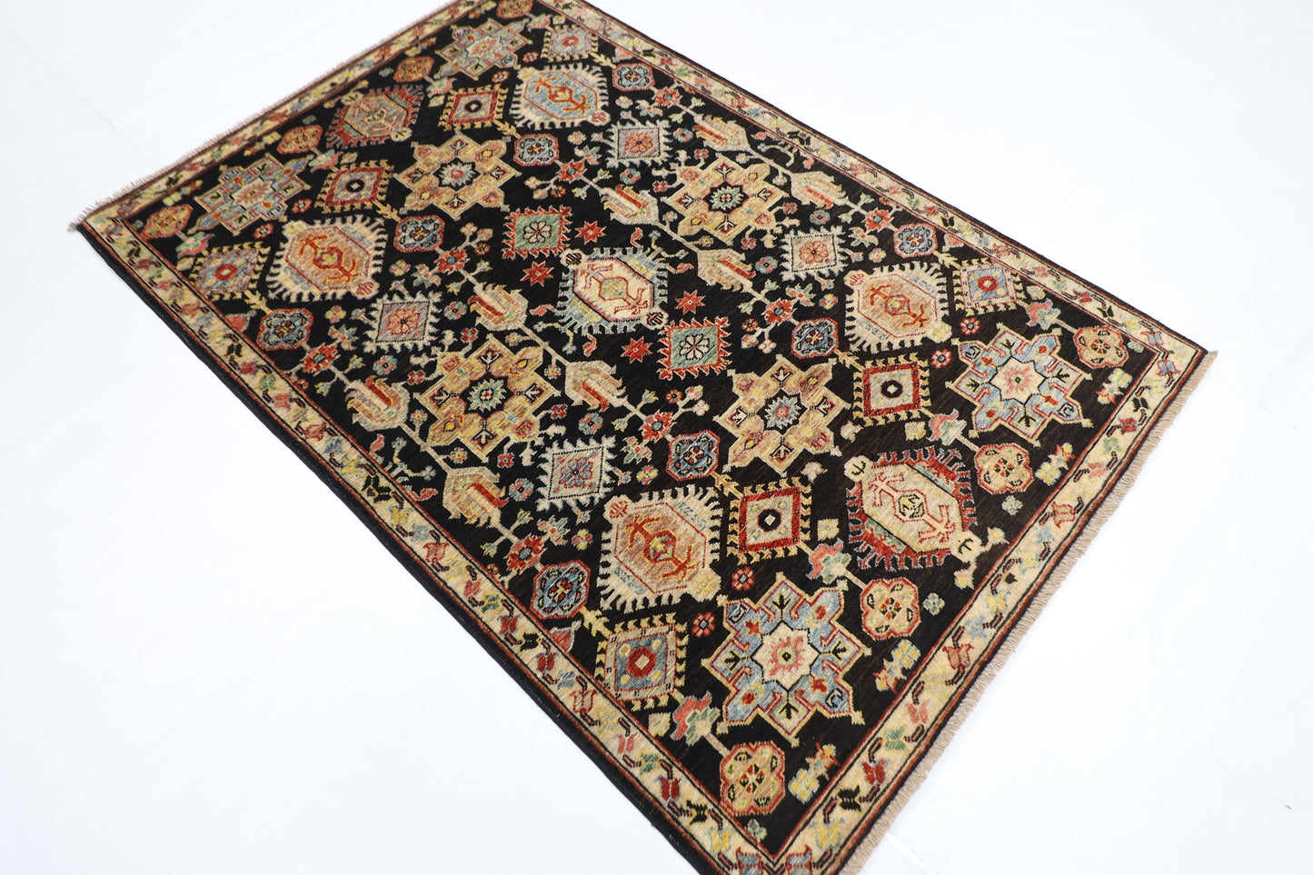 126 x 186 cm | Waziri Black Oriental Area Rug Afghan Hand Knotted Veg Dye Wool carpet