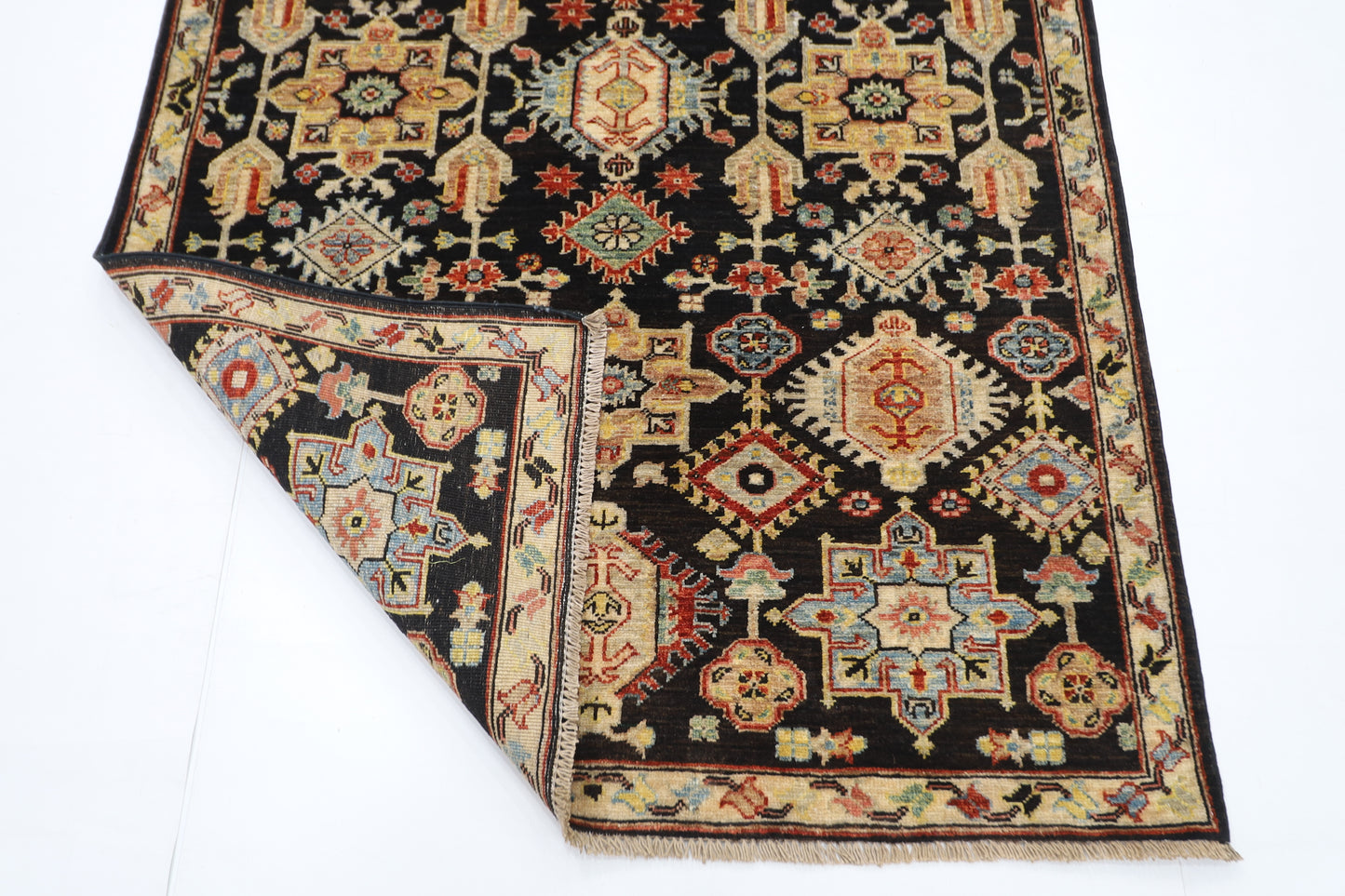 126 x 186 cm | Waziri Black Oriental Area Rug Afghan Hand Knotted Veg Dye Wool carpet