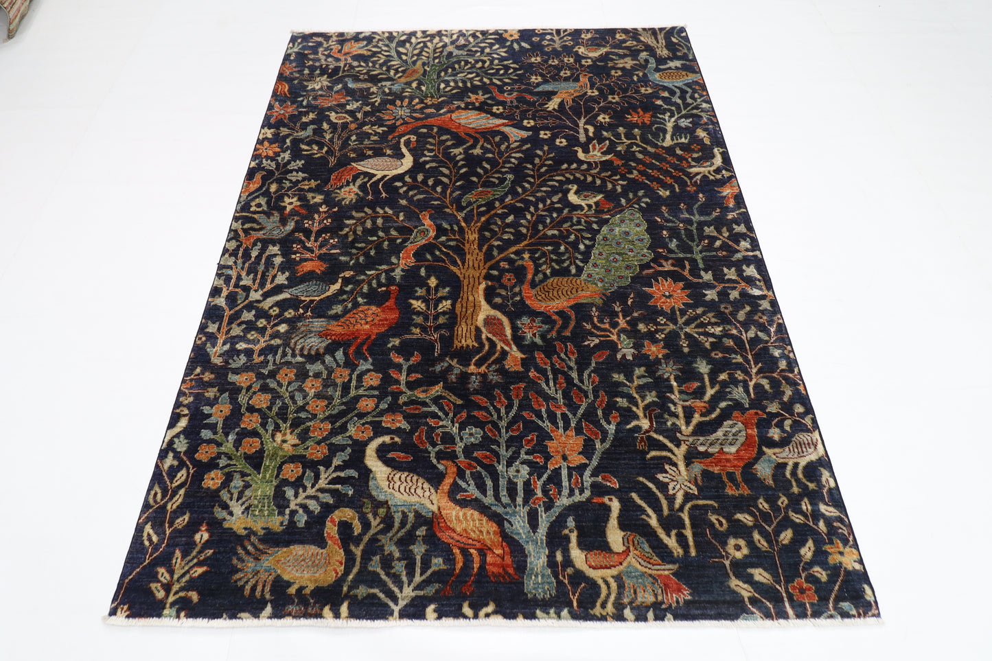 154 x 203 cm | Birds Blue Oriental Area Rug Afghan Hand Knotted Veg Dye Wool carpet