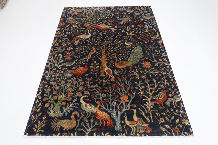 154 x 203 cm | Birds Blue Oriental Area Rug Afghan Hand Knotted Veg Dye Wool carpet